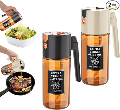 2-Pack Black and Beige Oil Sprayer Set, Two 500ml Dark-Tinted Glass Bottles for Olive Oil and Vinegar, Matching Countertop Spray and Pour Dispensers