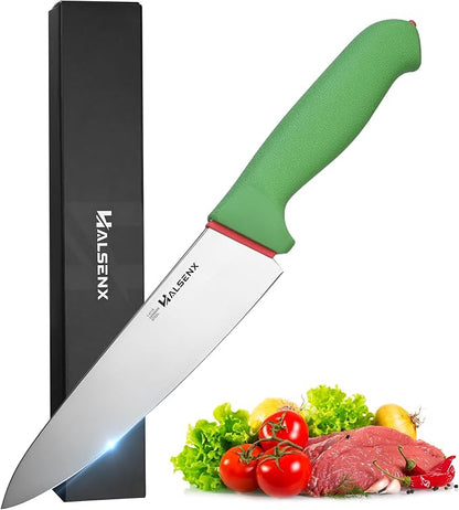 Chef Knife 8 Inch, High Carbon Stainless Steel Sharp Blade with Non-Slip Softgrip, Multi-Purpose Kitchen Knife for Meat, Fruit & Vegetables Cutting (Green)
