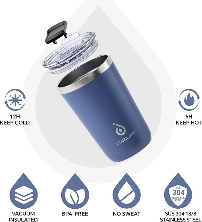 Ideus 20 oz Tumbler, Travel Coffee Mug with Splash Proof Sliding Lid, Double Wall Stainless Steel Vacuum Insulated Coffee Mug for Home and Office, Keep Beverages Hot or Cold, Ocean Blue