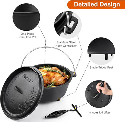 Pre-Seasoned Cast Iron 10QT Camp Dutch Oven with Lid, Large Camping Dutch Oven Pot, incl. Lid Lifter - Dual Handles - for Outdoor Campfire, Grill, Oven&Stovetop Cooking - Black