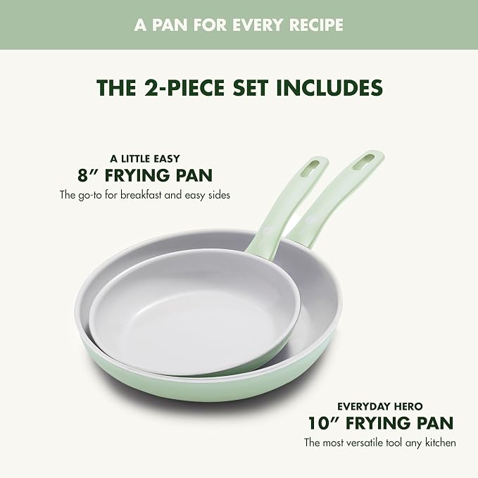 GreenPan Dover 8” & 10” 2 Piece Frying Pan Skillet Set, Non-Toxic PFAS-Free Ceramic Nonstick Coating, Sear Saute Fry Egg Omlete, Dishwasher & Oven Safe, Stay Cool Handle, Easy Pour Rims, Pastel Green