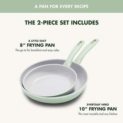 GreenPan Dover 8” & 10” 2 Piece Frying Pan Skillet Set, Non-Toxic PFAS-Free Ceramic Nonstick Coating, Sear Saute Fry Egg Omlete, Dishwasher & Oven Safe, Stay Cool Handle, Easy Pour Rims, Pastel Green