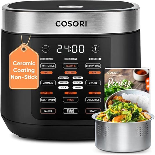 Cosori Rice Cooker 10 Cup, 24h Keep Warm, Non-stick Ceramic Inner Pot, 18 Functions Fuzzy Logic Rice Maker with Stainless Steel Steamer Basket, Sauté, Slow Cooker, Black