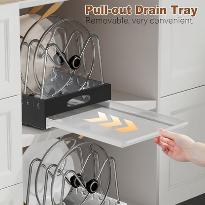 Pan Organizers Inside Cabinet with Drip Tray, 21" Deep Pull out Cabinet Organizer Adhesive, Pot Lids Organizer with Handle Under Cabinet, Slide Out Cookie Sheet organizer with 9 Adjustable Dividers