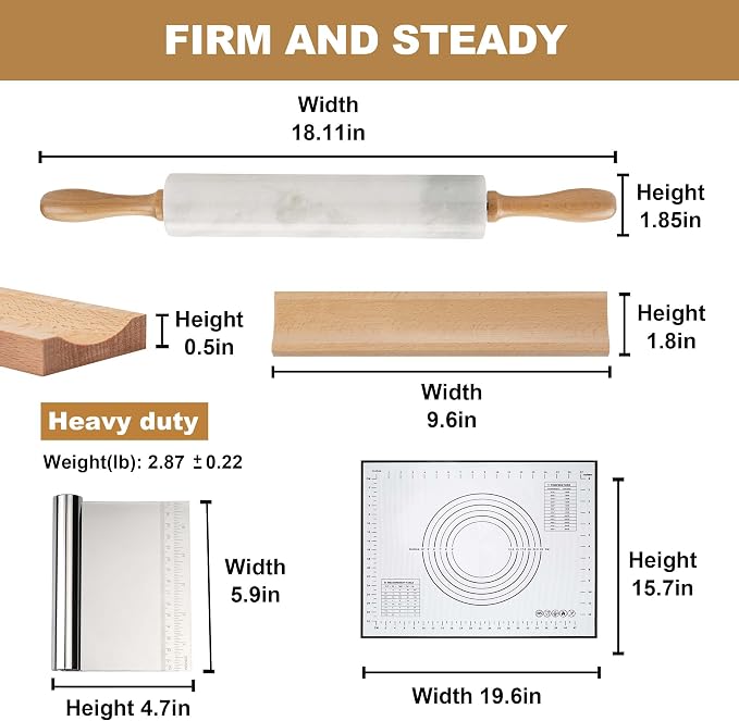 Koville African Natural Marble Rolling Pin, Non-Stick Polished Dough Roller, Pasta, Dumpling, Fondant, Pie Crust, Bread, Pizza Dough, Kitchen Baking Pastry Tools with Mat/Scraper（Namib Fantasy）