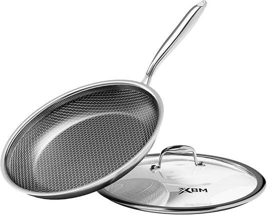 Nonstick Frying Pan with Lid 10-Inch, Durable Stainless Steel Skillet, Induction Cooktop Compatible, PFOA-Free Scratch-Proof, Dishwasher & Oven Safe, Stay-Cool Handle, Silver Kitchen Cookware