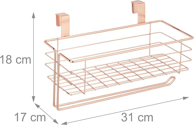 Relaxdays Hanging Basket with Kitchen Roll Holder, Storage, Kitchen & Bathroom, Wire Basket H x D: 18 x 31 x 17 cm, Copper