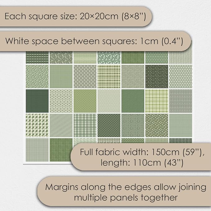 Cotton Satin Patchwork Fabric Panel – 35 Designs, 20×20 cm Squares, Single Piece 150×110 cm, Green Patchwork Quilt Fabric (Olive Garden Patchwork Set, 35pcs 8x8 inch)