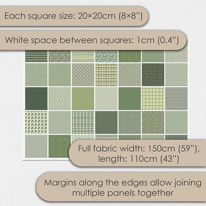 Cotton Satin Patchwork Fabric Panel – 35 Designs, 20×20 cm Squares, Single Piece 150×110 cm, Green Patchwork Quilt Fabric (Olive Garden Patchwork Set, 35pcs 8x8 inch)