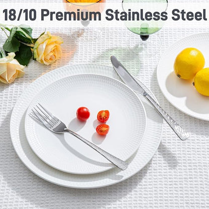KINGSTONE Hammered Silverware Set, 40-Piece Flatware Set, 18/10 Stainless Steel Premium Cutlery with Unique Ripple Handles Design Mirror Polished - Dishwasher Safe