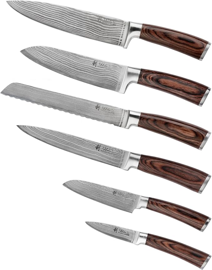 Wakoli EDIB 6-Piece Damascus Knife Block Set, VG10 Core 67-Layer Damascus Steel Kitchen Knives with Magnetic Acacia Wood Block, Ergonomic Pakkawood Handles, Hand Wash Only