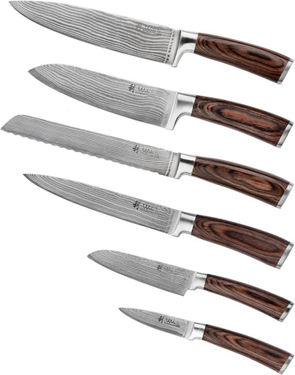Wakoli EDIB 6-Piece Damascus Knife Block Set, VG10 Core 67-Layer Damascus Steel Kitchen Knives with Magnetic Acacia Wood Block, Ergonomic Pakkawood Handles, Hand Wash Only