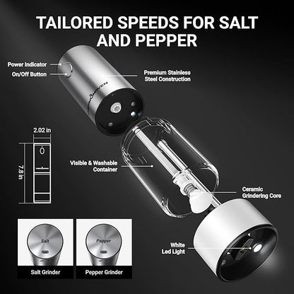ThermoMaven 110ml Rechargeable Electric Salt and Pepper Grinder Set - 6 Adjustable Coarseness, Washable Parts, Built - in LED for Easy and Accurate Grinding, 2 Packs, Pearly White