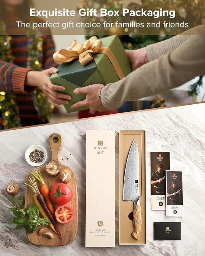 XINZUO Gyuto Chef Knife - 8.3 Inch Kitchen Knife 3 Layer 10Cr15Comov Steel Core High Carbon Steel Blade, Sharp Cutting Knife With Olive Wood + Stainless Steel Rivet Handle