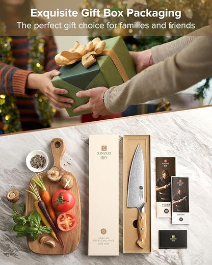 XINZUO Gyuto Chef Knife - 8.3 Inch Kitchen Knife 3 Layer 10Cr15Comov Steel Core High Carbon Steel Blade, Sharp Cutting Knife With Olive Wood + Stainless Steel Rivet Handle