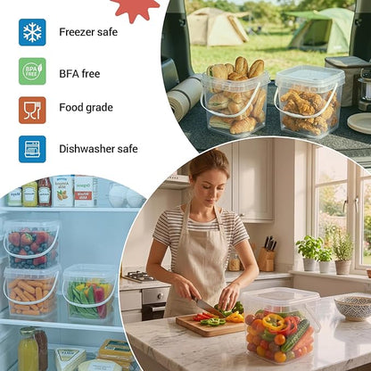 METAPACK 2 Pack 1 Gallon Food Grade Square Bucket with Easy-Open Lids, Food Storage Container & Handle, BPA-Free Plastic Clear Pantry Storage for Cereal, Rice, Flour, Kitchen Organization