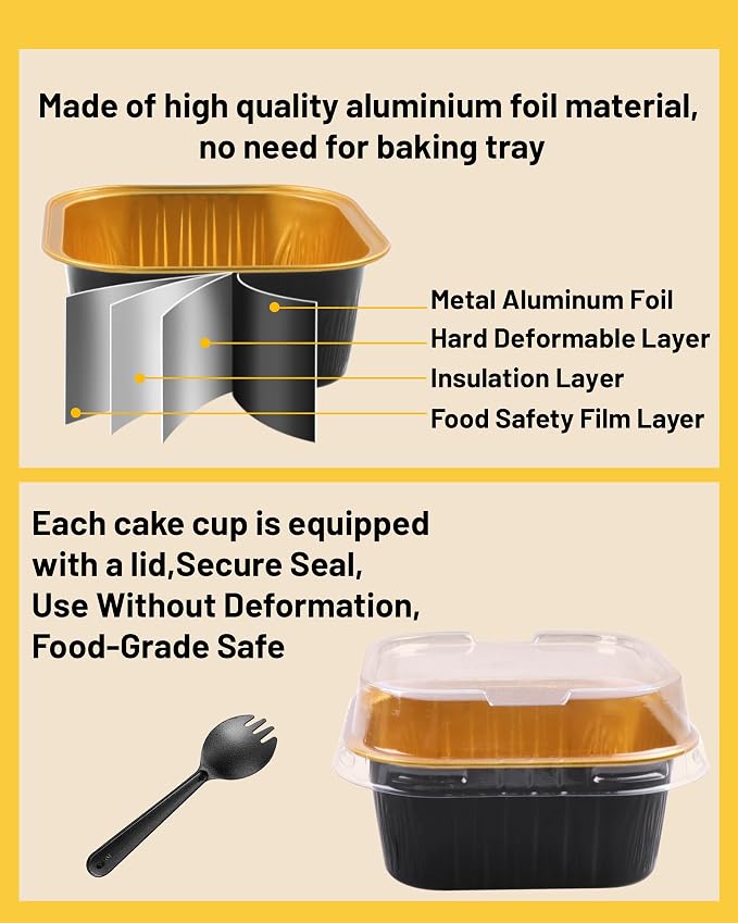 50 Pack 5oz Square Mini Cake Pans with Lids and Spoons,Aluminum Foil Baking Cups,Disposable Mini Loaf Pans Ramekins for Brownie, Cheesecake, Mousse & Wedding Party Favors-Black