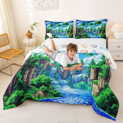 Manfei Pixelated Games Comforter Set -Cartoon Gamepad Comforter Queen Size Block Building Gaming Bedding Set for Kids Adults Bedroom Decor Fashion Modern Quilt Duvet,3 Pcs with 2 Pillowcase