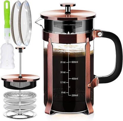 YMMIND French Press Coffee Maker 304 Stainless Steel Coffee Press,with 4 Filters System, Heat Resistant Thickness Borosilicate French Press Glass, BPA-Free Brewed Tea Pot Coffee Plunger(Copper 12oz)