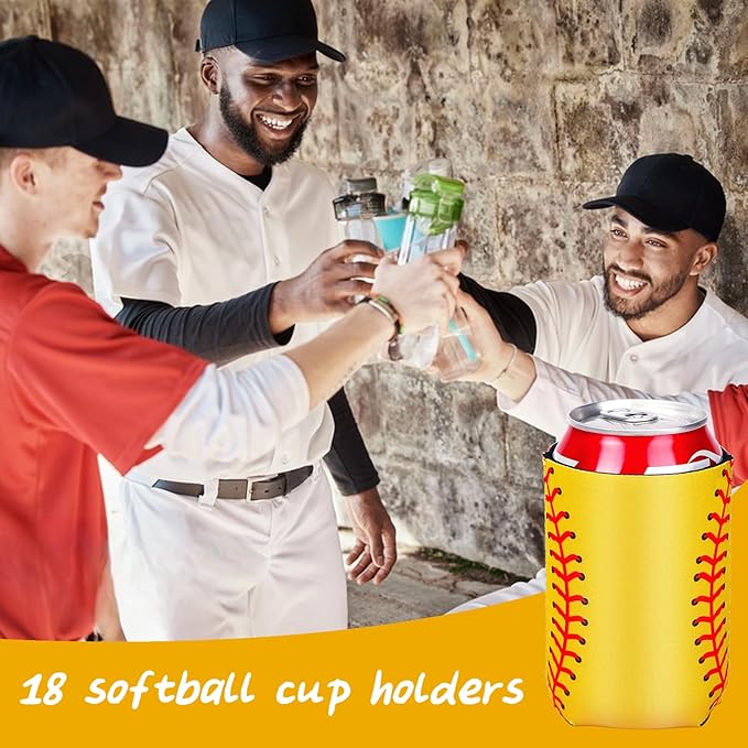 18 Pack Softball Can Cooler Sleeves Beer Drink Can Bottle Cooler Sleeves Cooler Collapsible for Softball Party Birthday Themed Party Decorations Supplies Favors