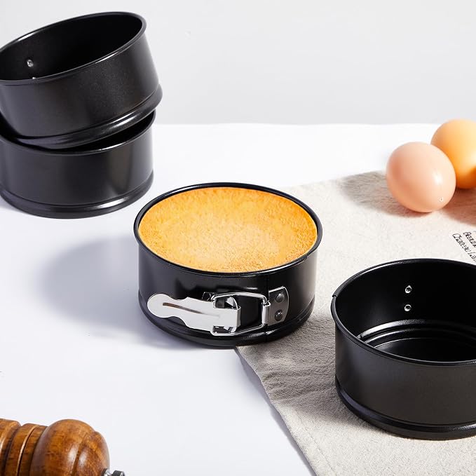 Funnymoom 4 Pcs 4 Inch Non Stick Springform Pan with Removable Bottom Carbon Steel Round Springform Cheesecake Pan with Stainless Steel Spring Buckles for Baking Kitchens Restaurant(Black)
