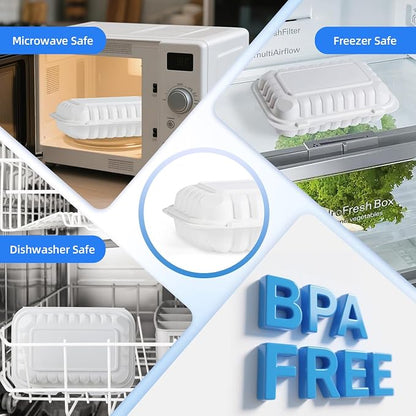 YANGRUI 50-Pack 28oz 9x6 White Takeout Boxes - Shrink Wrapped No Pre-Wash | BPA Free Heavy Duty Mineral PP, Microwave & Freezer Safe | Reusable Clamshell for Sandwiches, Subs & Meal Prep