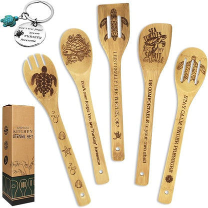 Sea Turtle Gifts for Women 6PCS Unique Sea Turtle Print Bamboo Spoons Gifts Set with Keychain Sea Turtle Decor Kitchen Gifts for Mom Bestie Teacher