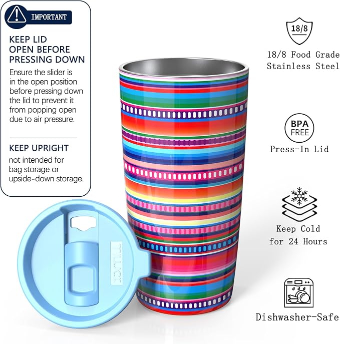 TILUCK 20 oz Insulated Tumbler with BPA-Free Lid, Stainless Steel Vacuum Travel Coffee Mug, Double Wall Coffee Tumbler（20oz，RainbowStripes）