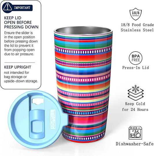 TILUCK 20 oz Insulated Tumbler with BPA-Free Lid, Stainless Steel Vacuum Travel Coffee Mug, Double Wall Coffee Tumbler（20oz，RainbowStripes）
