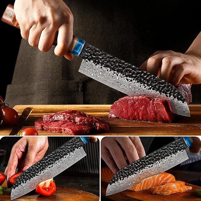 KEENZO Damascus Santoku knife 8 inch,Professional kitchen knives,Sharp Damascus knife,Ergonomic rosewood handle with gift box for Home & Restaurant