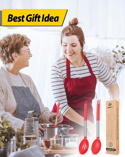 Pack of 2 Large Silicone Cooking Spoons,Non Stick Solid Basting Spoon,Heat-Resistant Kitchen Utensils for Mixing,Serving,Draining,Stirring (RED)