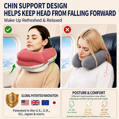 BUYUE Travel Neck Pillows for Airplanes, Memory Foam 360° Head Support Sleep for Long Flight, Skin-Friendly & Breathable, Kit with Eye Mask, Earplugs and Storage Bag (Adult, Pink, 90+ lbs)