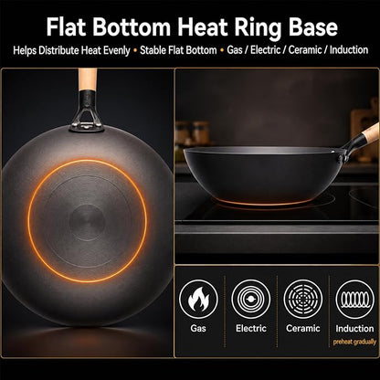 WANGYUANJI 12.6 Inch Carbon Steel Wok Pan with Glass Lid and Spatula, Nitrided Flat Bottom Wok Set, Uncoated Stir Fry Pan for 2-4 Servings, Gas, Electric, Ceramic and Induction Cooktops