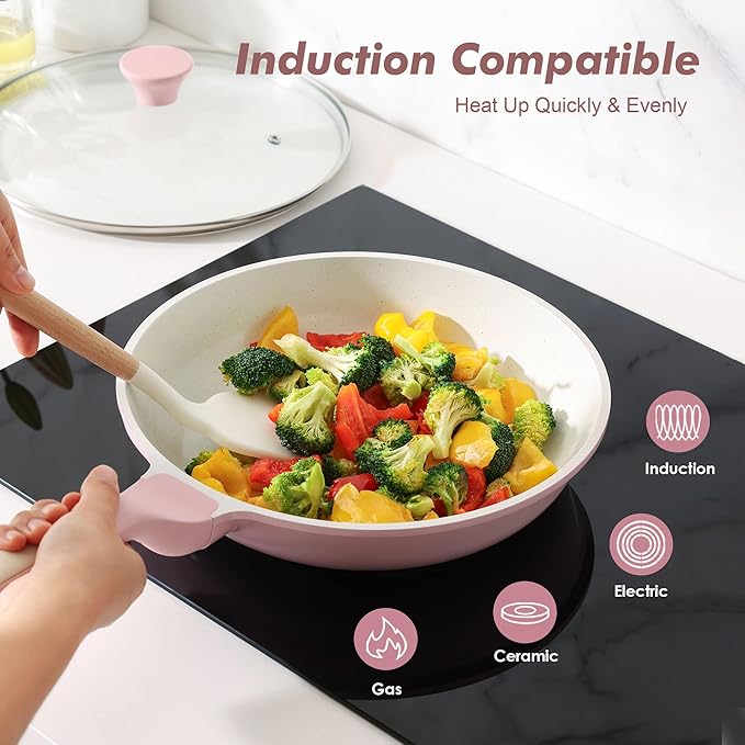 SENSARTE Nonstick Ceramic Frying Pan with Lid 10 Inch Omelet Pan Skillet, Free of Intentionally Added PFAS/PTFE Non-toxic Chef's Pan Induction Compatible Pan, Heat Resistant Handle,Sakura Pink