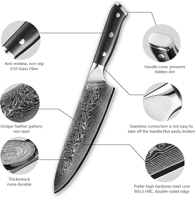Chef Knife 8 inch -Japanese VG10 Steel 67 Layer Damascus Chef Knife-Razor Sharp Kitchen Knife Ergonomic G10 Handle with Sheath