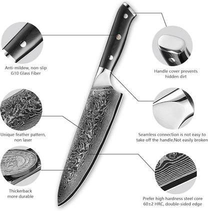 Chef Knife 8 inch -Japanese VG10 Steel 67 Layer Damascus Chef Knife-Razor Sharp Kitchen Knife Ergonomic G10 Handle with Sheath