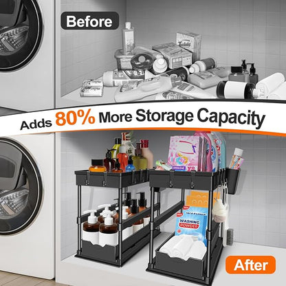 JPart Under Sink Organizer, Kitchen Organizers and Storage, 2-Tier Bathroom Cabinet Organizer with Sliding Drawers, Thickened Construction with Hooks Hanging Cup for Kitchen & Bathroom, 2 Pack