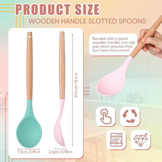 Patelai 2 Pieces Silicone Nonstick Mixing Spoon Kitchen Cooking Spoons Serving Spoon with Wooden Handle Heat Resistant Utensil Spoons for Mixing, Baking, Serving and Stirring (Green, Pink)