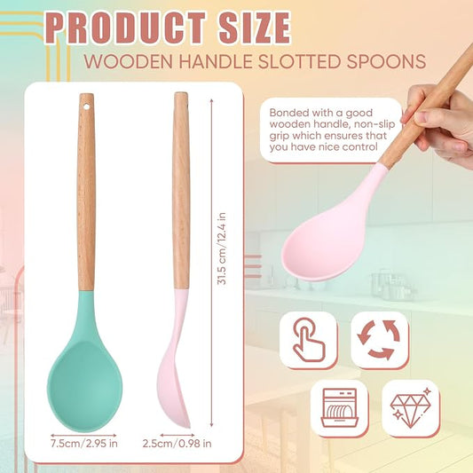 Patelai 2 Pieces Silicone Nonstick Mixing Spoon Kitchen Cooking Spoons Serving Spoon with Wooden Handle Heat Resistant Utensil Spoons for Mixing, Baking, Serving and Stirring (Green, Pink)