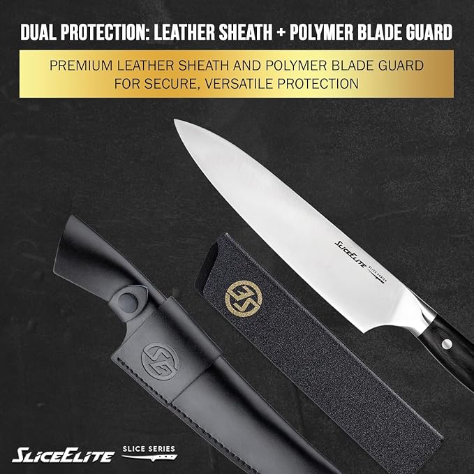 SliceElite Slice Series 8 Inch Chef Knife High Carbon German Steel Blade Pakkawood Handle Dual Sheath Sharp Cooking Knife for Meat Cleaver BBQ Kitchen Knife for Slicing Chopping Cutting Carving Tool