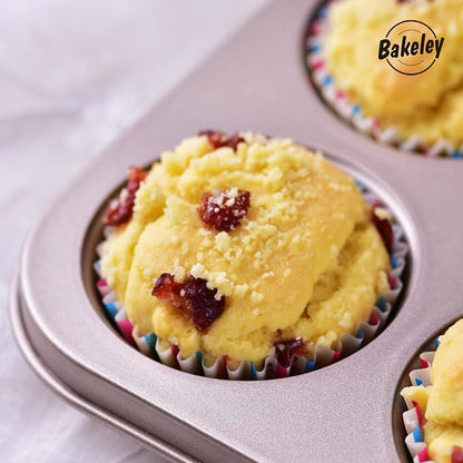 Muffin Cake Pan 12-Cavity, Heavy Duty Carbon Steel, Non-Stick Cupcake Pan, Bakeware for Oven Baking Brownies, Cheesecakes (Champagne Gold)