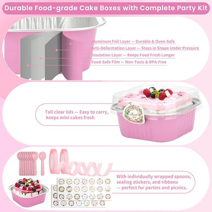 245 PCS 10 oz Mini Cake Pans with Lids, 60 Pack 4.4x4.4 Large Aluminium Foil Pan Mini Cake Tins with Lids and Spoons, Square Individual Baking Pan Cup for Wedding Birthday Party Picnics