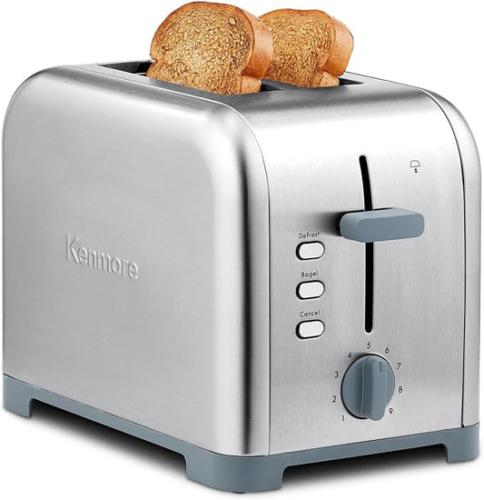 Kenmore 2-Slice Toaster, Stainless Steel, Extra Wide Slots, Bagel and Defrost Functions, 9 Browning Levels, Removable Crumb Tray, for Bread, Toast, English Muffin, Toaster Strudel