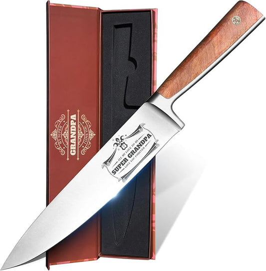 Huusk Birthday Gifts for Grandpa - Premium 8” Chef knife with Ergonomic Handle, Engraved SUPER GRANDPA Birthday Gift for Grandpa, Kitchen Cooking Knife with Gift Box Christmas Gift for Men and Women