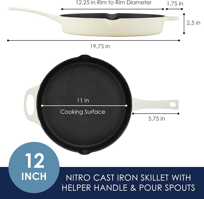 Rachael Ray NITRO Cast Iron Frying Pan/Skillet with Helper Handle and Pour Spouts, 12 Inch, Almond