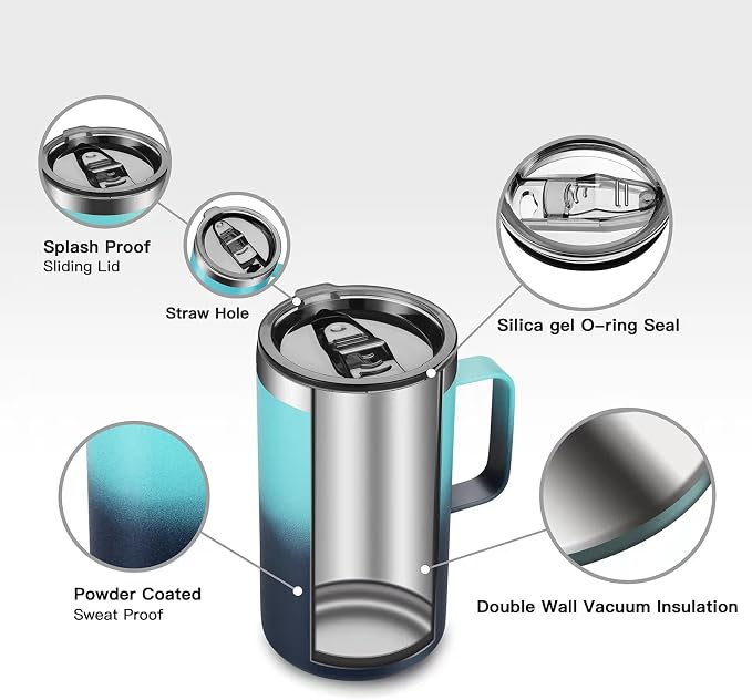 KXIAOCHEN 20oz Insulated Coffee Mug with Lid, Stainless Steel Coffee Cup, Double Wall Vacuum Coffee Tumbler with Handle, Premium Thermal Travel Coffee Mug (Green+navy)