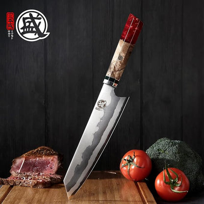 MITSUMOTO SAKARI 8-Inch Kiritsuke Chef Knife, 440C Damascus, Red Handle | Angled tip and long flat edge for meat, fish and vegetables, 440C Damascus, red pomegranate handle, sandalwood box