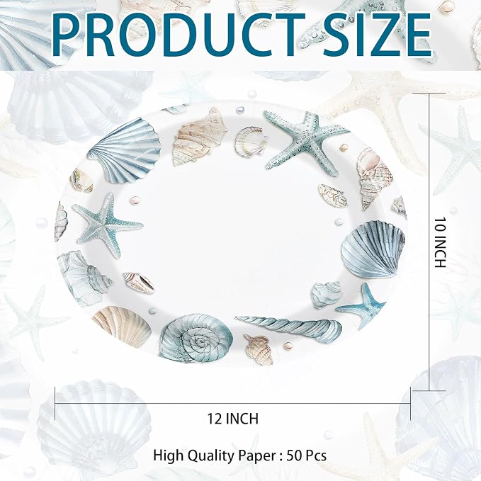 50Pcs Coastal Beach Oval Paper Plates 10" x 12" Large Disposable Heavy Duty Ocean Seashell Starfish Dessert Platters for Under the Sea Summer Hawaiian Picnic BBQ Holiday Birthday Party Decorations
