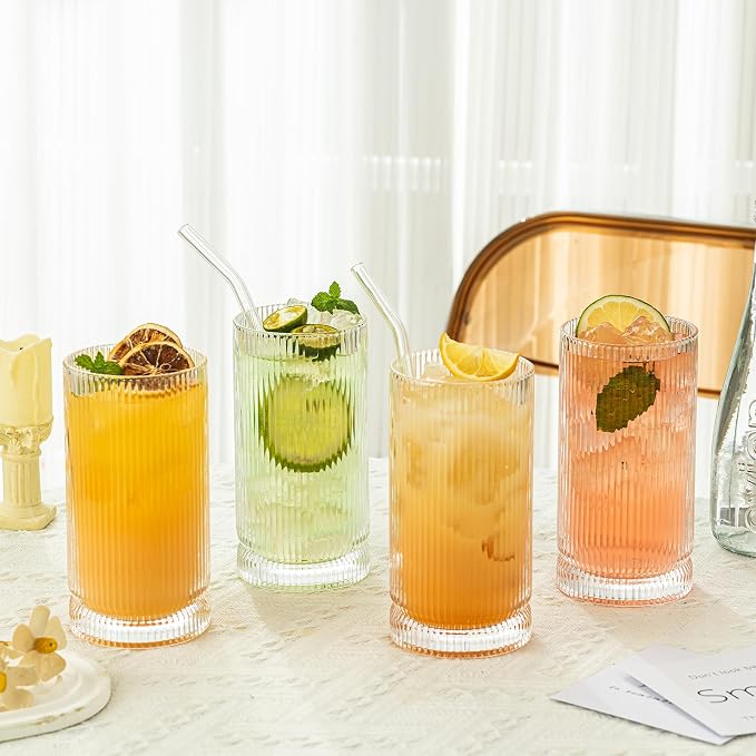 KEMORELA Vintage Ribbed Glassware Set, 16oz XL Drinking Glasses With Straws, Ribbed Glassware Set of 4, Glass Cups, Iced Coffee Cups Ideal for Whiskey, Cocktail, Iced Coffee, Juice, Beer, Soda