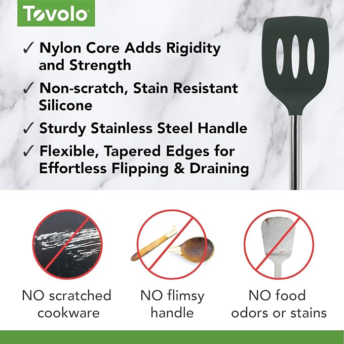 Tovolo Slotted Silicone Spatula Turner Slotted Stainless Steel Handle 10" Charcoal Gray Heat Resistant Non Toxic BPA Free Kitchen Utensil, Silicone Egg Pancake Flipper Metal Handle Turner for Cooking
